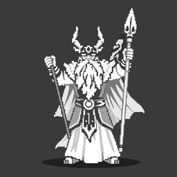 A monochromatic pixel art sprite of Odin, the Norse god, in a heroic pose suitable for a 2D game