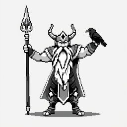 A monochromatic pixel art sprite of Odin, the Norse god, in a heroic pose suitable for a 2D game