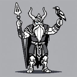 A monochromatic pixel art sprite of Odin, the Norse god, in a heroic pose suitable for a 2D game