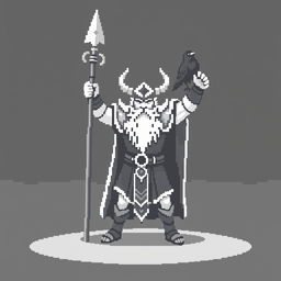 A monochromatic pixel art sprite of Odin, the Norse god, in a heroic pose suitable for a 2D game