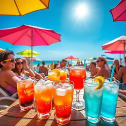 A vibrant summer scene featuring a beach party atmosphere, filled with people enjoying themselves under the sun