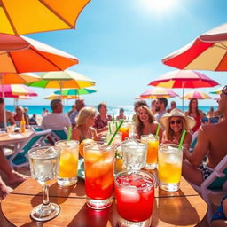 A vibrant summer scene featuring a beach party atmosphere, filled with people enjoying themselves under the sun