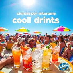 A vibrant summer scene featuring a beach party atmosphere, filled with people enjoying themselves under the sun