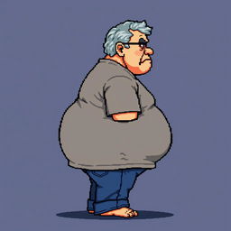 16-bit pixel art of an old man with a big belly and a serious face, seen from the side