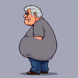 16-bit pixel art of an old man with a big belly and a serious face, seen from the side