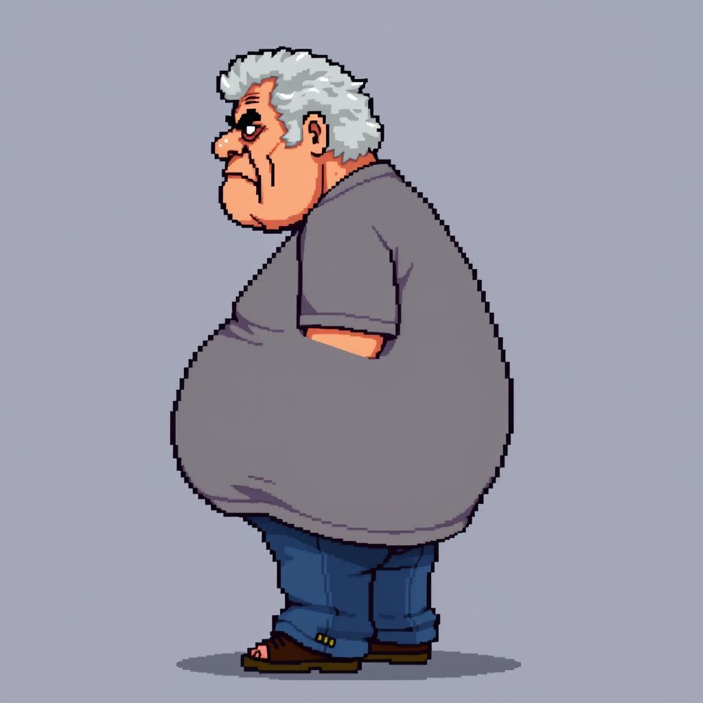 16-bit pixel art of an old man with a big belly and a serious face, seen from the side