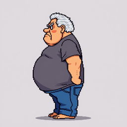 16-bit pixel art of an old man with a big belly and a serious face, seen from the side