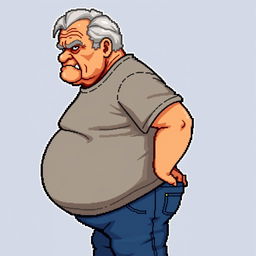 16-bit pixel art of an old man with a big belly and a serious face, seen from the side
