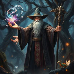 A powerful wizard with a long, flowing beard and intricate robes, standing in an ancient, mysterious forest