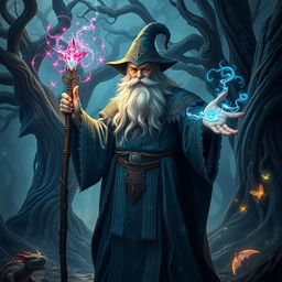 A powerful wizard with a long, flowing beard and intricate robes, standing in an ancient, mysterious forest