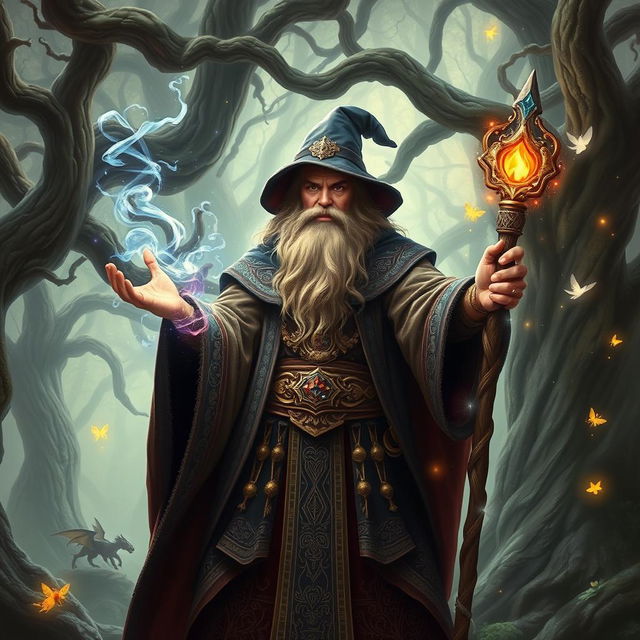 A powerful wizard with a long, flowing beard and intricate robes, standing in an ancient, mysterious forest