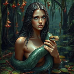 A beautiful woman entwined by a snake in a lush, swampy environment
