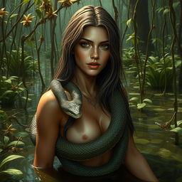 A beautiful woman entwined by a snake in a lush, swampy environment