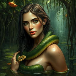 A beautiful woman entwined by a snake in a lush, swampy environment