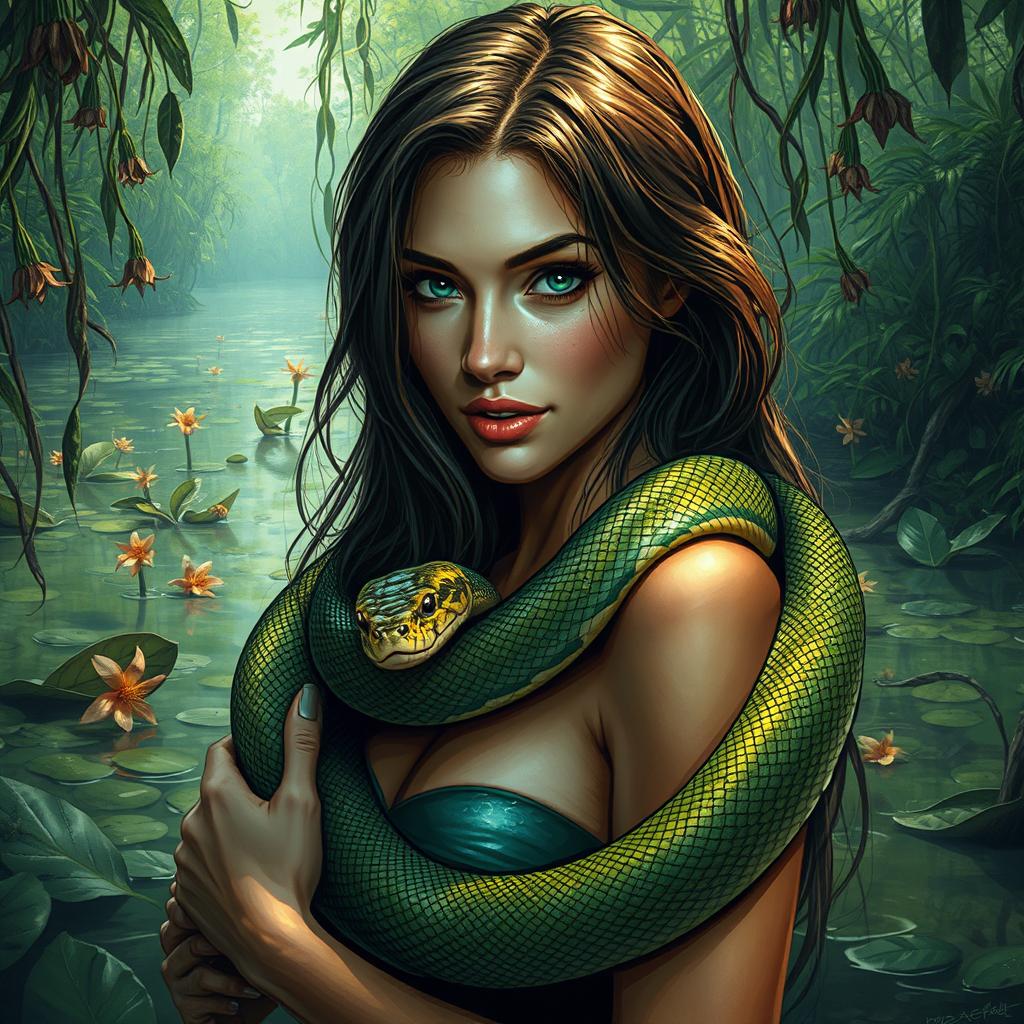 A beautiful woman entwined by a snake in a lush, swampy environment