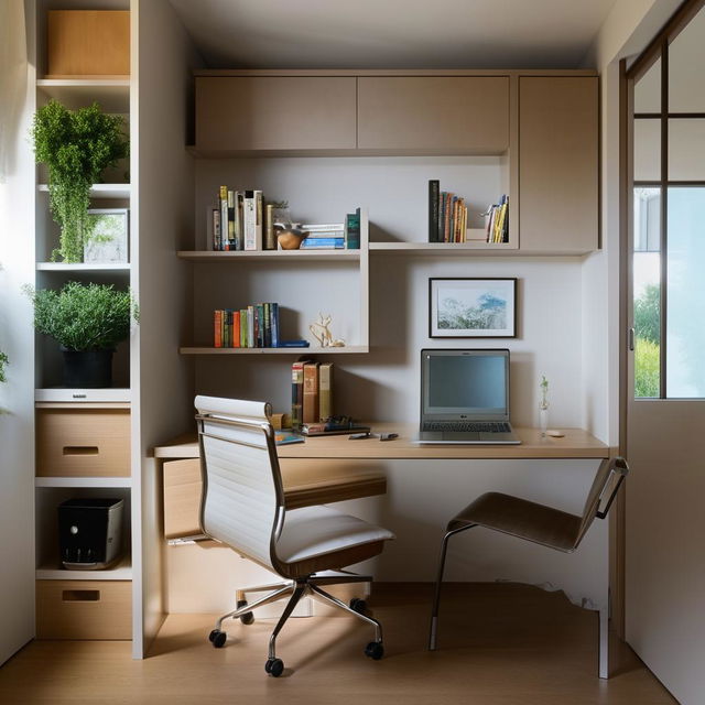 A compact, well-organized home office with modern furniture and decent lighting. Include elements like a desk, comfortable chair, laptop, bookshelves, and some indoor plants.