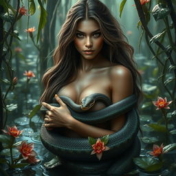 Three realistic and stunning 8k images of a beautiful woman entwined by a snake in a lush, swampy setting