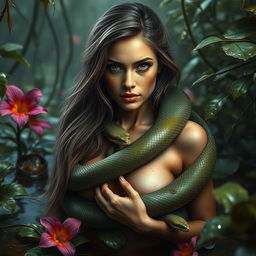 Three realistic and stunning 8k images of a beautiful woman entwined by a snake in a lush, swampy setting