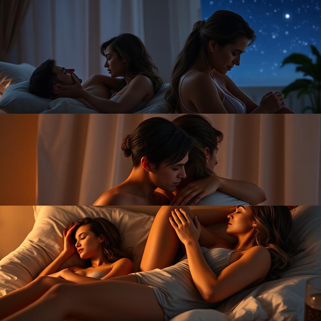 Three realistic and stunning 8k images of intimate scenes exploring sensuality and attraction