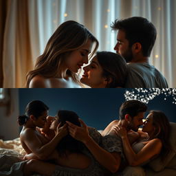 Three realistic and stunning 8k images of intimate scenes exploring sensuality and attraction