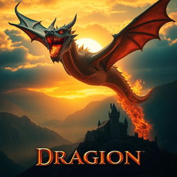 A stunning movie poster featuring a cinematic photography style of a massive fire-breathing dragon soaring through a dramatically lit sky at sunset