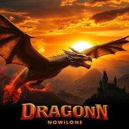A stunning movie poster featuring a cinematic photography style of a massive fire-breathing dragon soaring through a dramatically lit sky at sunset