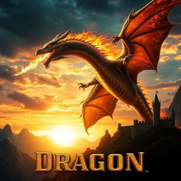 A stunning movie poster featuring a cinematic photography style of a massive fire-breathing dragon soaring through a dramatically lit sky at sunset