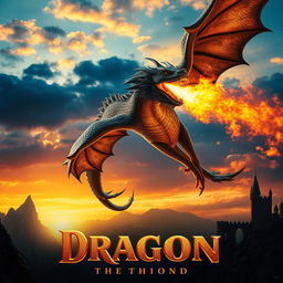 A stunning movie poster featuring a cinematic photography style of a massive fire-breathing dragon soaring through a dramatically lit sky at sunset