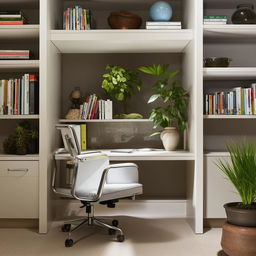 A compact, well-organized home office with modern furniture and decent lighting. Include elements like a desk, comfortable chair, laptop, bookshelves, and some indoor plants.