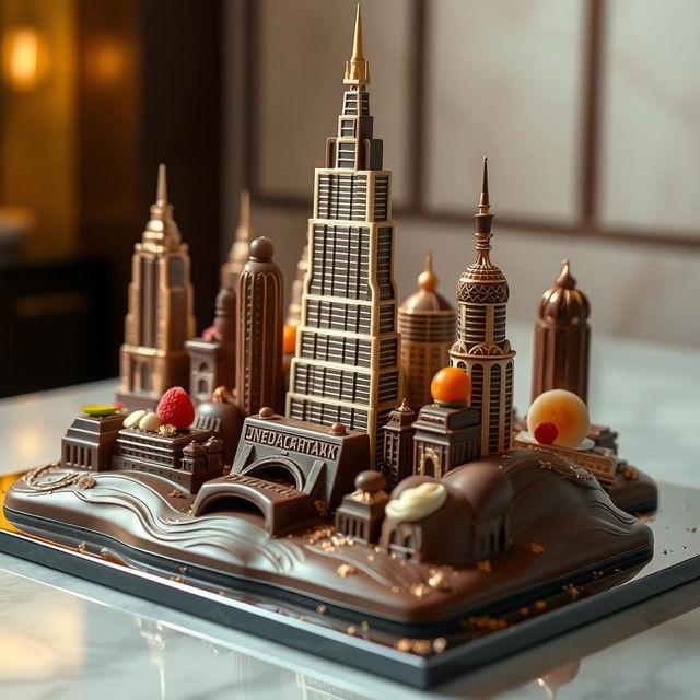 A beautifully crafted chocolate display inspired by the architectural beauty of Dubai, featuring intricate designs that mimic the iconic Burj Khalifa and other famous landmarks