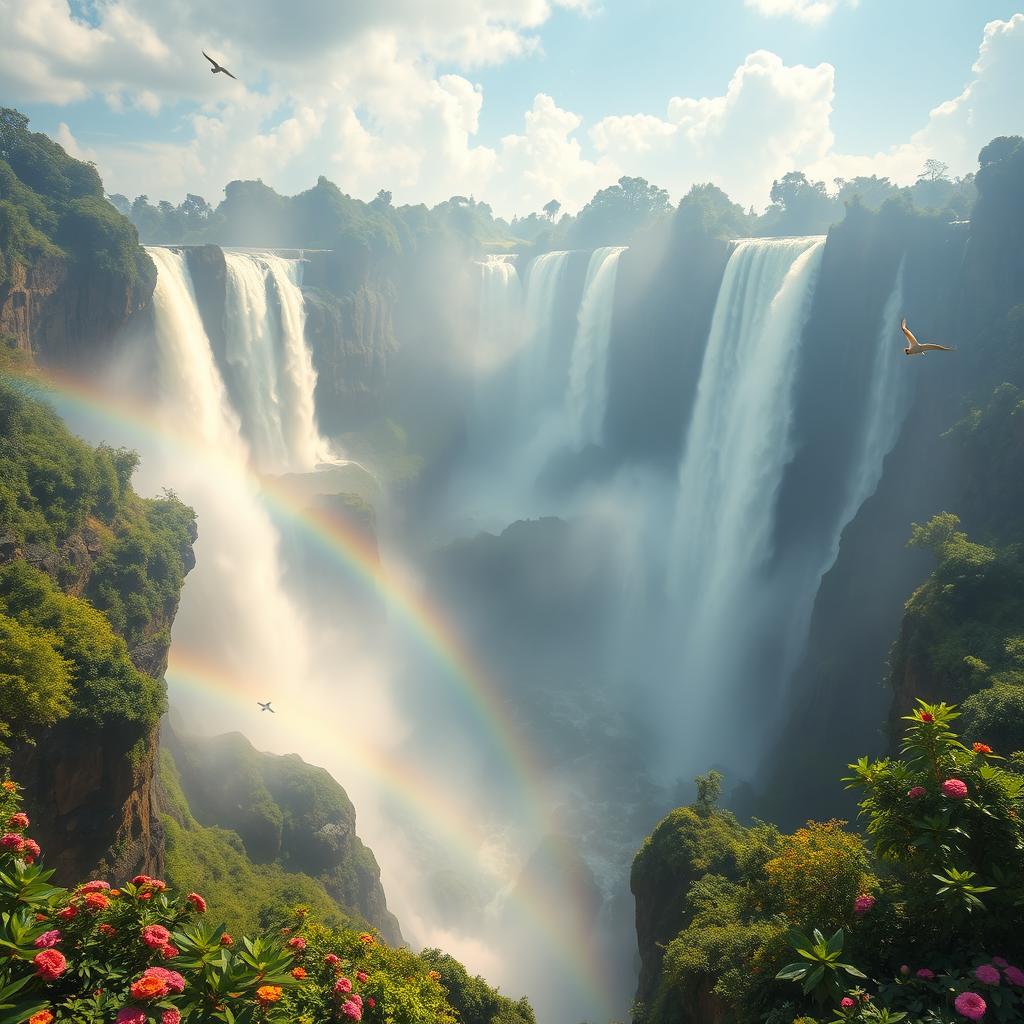 A breathtaking view of the world's largest waterfall, showcasing its immense height and powerful cascading waters