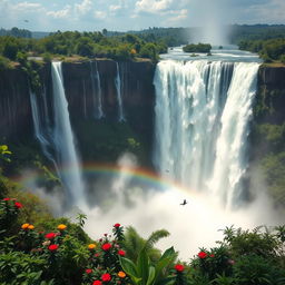 A breathtaking view of the world's largest waterfall, showcasing its immense height and powerful cascading waters