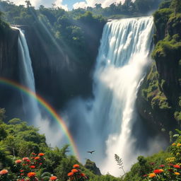 A breathtaking view of the world's largest waterfall, showcasing its immense height and powerful cascading waters