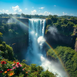 A breathtaking view of the world's largest waterfall, showcasing its immense height and powerful cascading waters