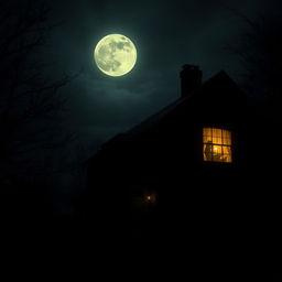 A nighttime scene of a dark house illuminated by a warm light from one window, surrounded by the shadows of night