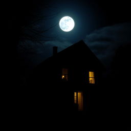 A nighttime scene of a dark house illuminated by a warm light from one window, surrounded by the shadows of night