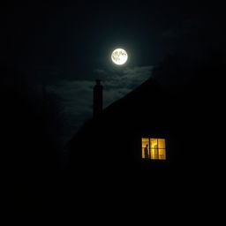 A nighttime scene of a dark house illuminated by a warm light from one window, surrounded by the shadows of night