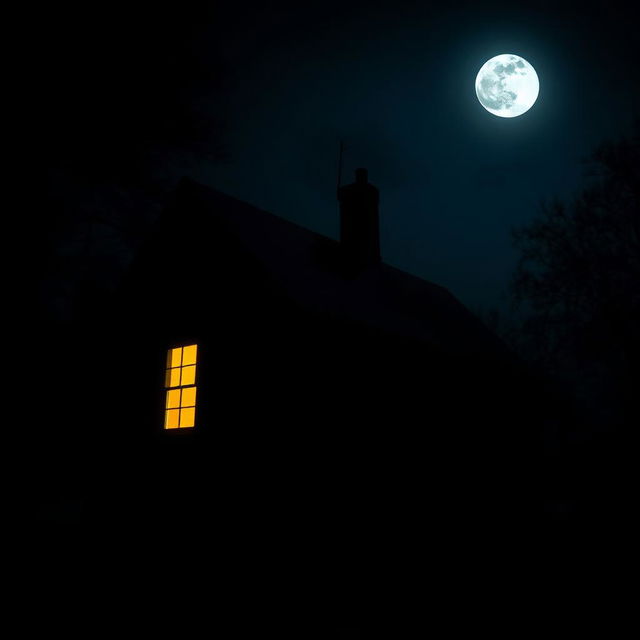 A nighttime scene of a dark house illuminated by a warm light from one window, surrounded by the shadows of night