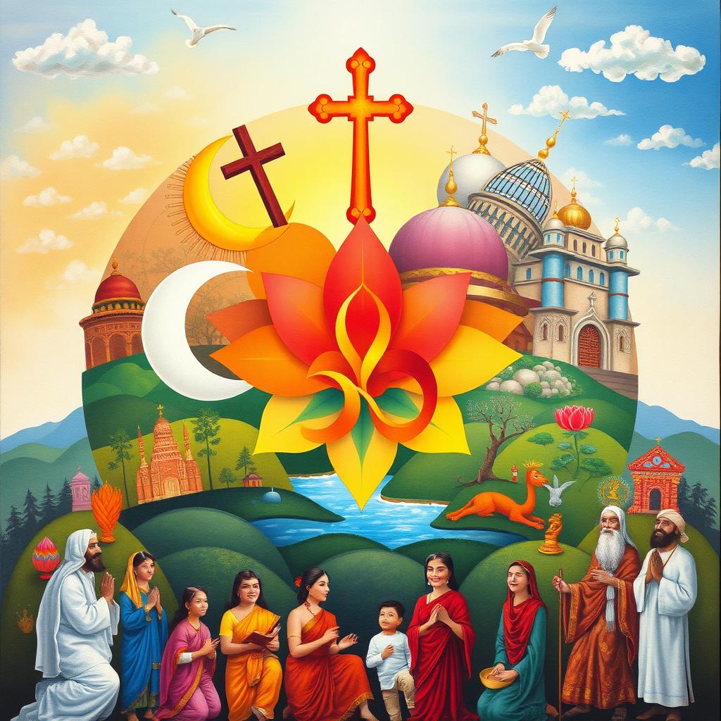 An artistic representation of diverse religious symbols and practices from around the world, showcasing elements such as a cross, crescent moon, lotus flower, and Om symbol, all harmoniously blended together