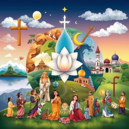 An artistic representation of diverse religious symbols and practices from around the world, showcasing elements such as a cross, crescent moon, lotus flower, and Om symbol, all harmoniously blended together