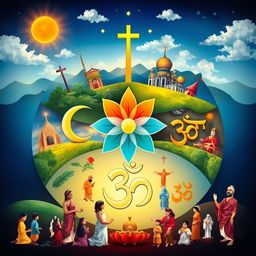 An artistic representation of diverse religious symbols and practices from around the world, showcasing elements such as a cross, crescent moon, lotus flower, and Om symbol, all harmoniously blended together