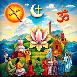An artistic representation of diverse religious symbols and practices from around the world, showcasing elements such as a cross, crescent moon, lotus flower, and Om symbol, all harmoniously blended together