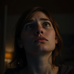 An intimate close-up of Sarah's worried face as she looks upwards, her expression filled with concern and contemplation