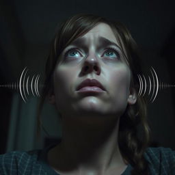 An intimate close-up of Sarah's worried face as she looks upwards, her expression filled with concern and contemplation
