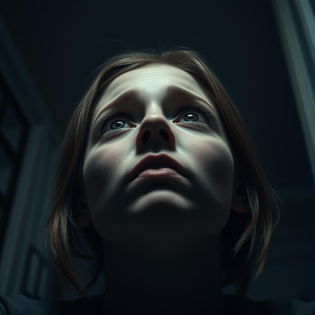 An intimate close-up of Sarah's worried face as she looks upwards, her expression filled with concern and contemplation