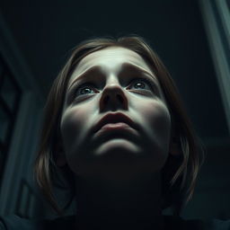 An intimate close-up of Sarah's worried face as she looks upwards, her expression filled with concern and contemplation