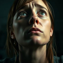 An intimate close-up of Sarah's worried face as she looks upwards, her expression filled with concern and contemplation