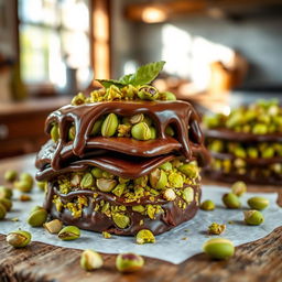 A decadent dessert featuring layers of rich chocolate and vibrant green pistachio