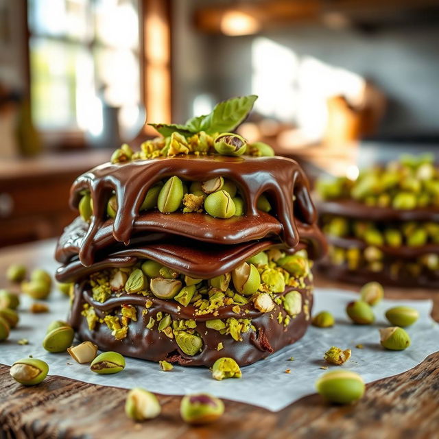 A decadent dessert featuring layers of rich chocolate and vibrant green pistachio