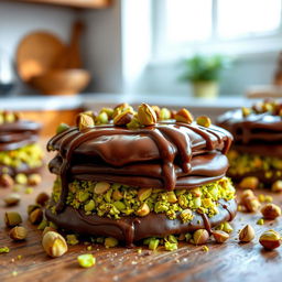A decadent dessert featuring layers of rich chocolate and vibrant green pistachio